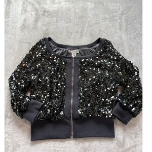 Katia Black Sequin Bomber Jacket Women's L Statement Zip-Up Glam Party Holiday